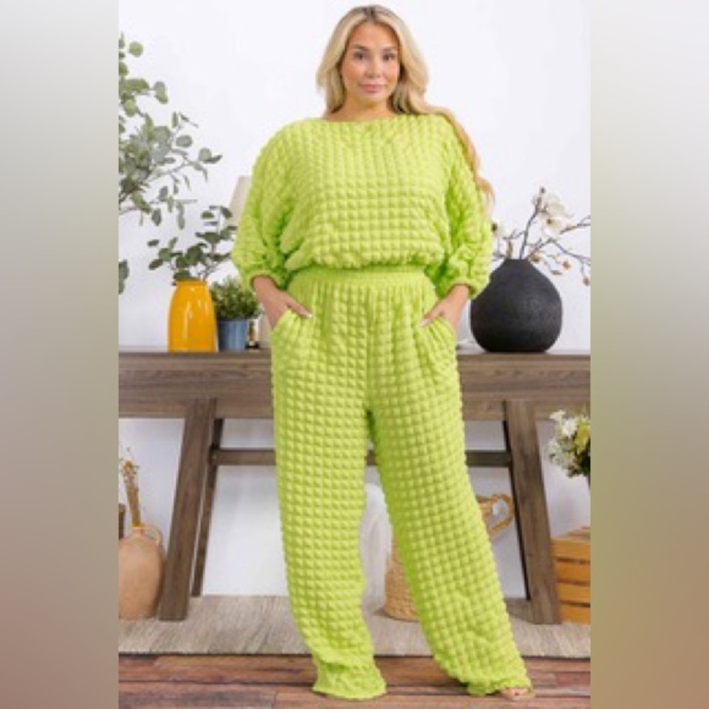 Lime Green Bubble Textured Women's Pants Set